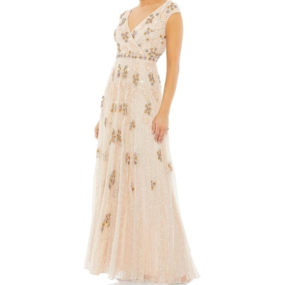 NWT Mac Duggal 93575 Embellished Wrap Over Cap Sleeve A-Line Gown Blush Size 18 - Picture 1 of 16